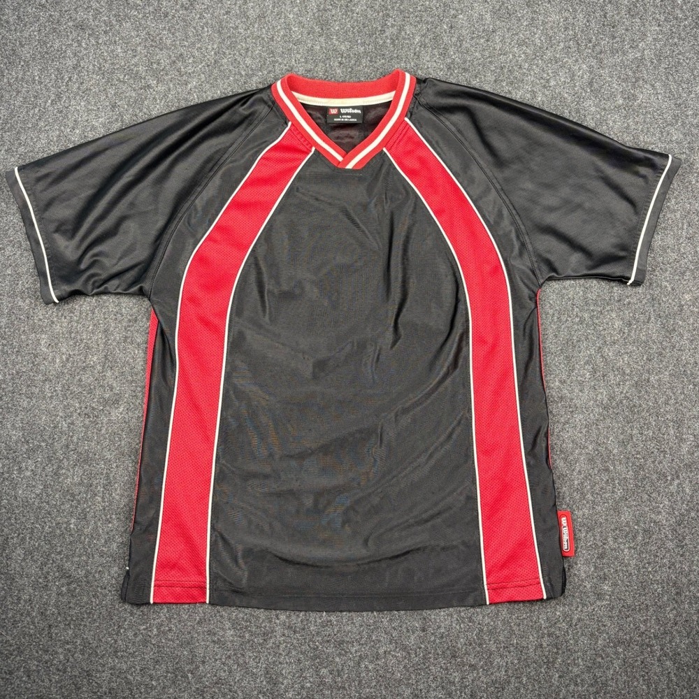 Y2K Wilson Jersey Shirt Boys Large 14/16 Black Red Mesh Athletic V-Neck Top